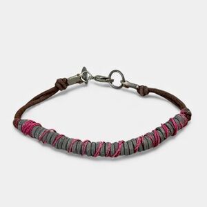 Pink Twist Beaded Leather Bracelet Metal Gray Pink Spiral Bohemian Rocker Beachy